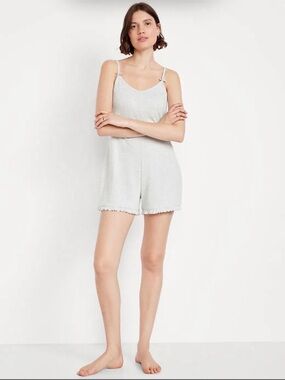 Old Navy Pointella Pajama Romper Coquette Bows Ruffle Gray Medium NEW